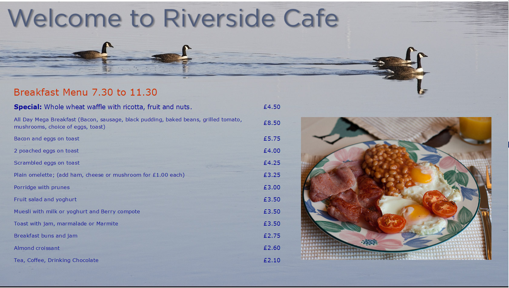 Completed Riverside Cafe menu